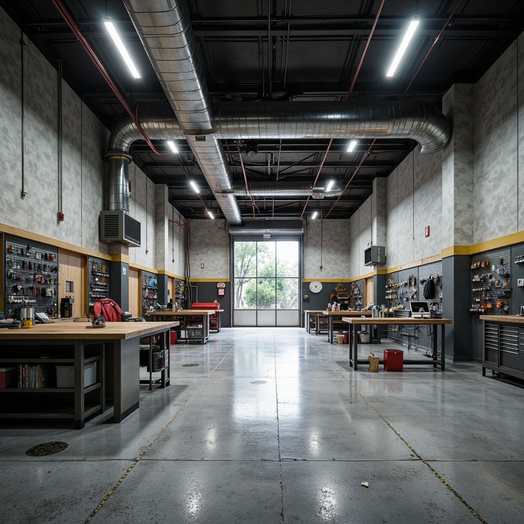 Prompt: Industrial-style garage interior, polished concrete floors, epoxy-coated surfaces, metallic sheen, rugged textures, durable materials, functional workstations, tool storage systems, overhead lighting, exposed ductwork, modern minimalist decor, neutral color palette, high-gloss finishes, reflective surfaces, angular lines, dynamic composition, shallow depth of field, 1/1 aspect ratio.