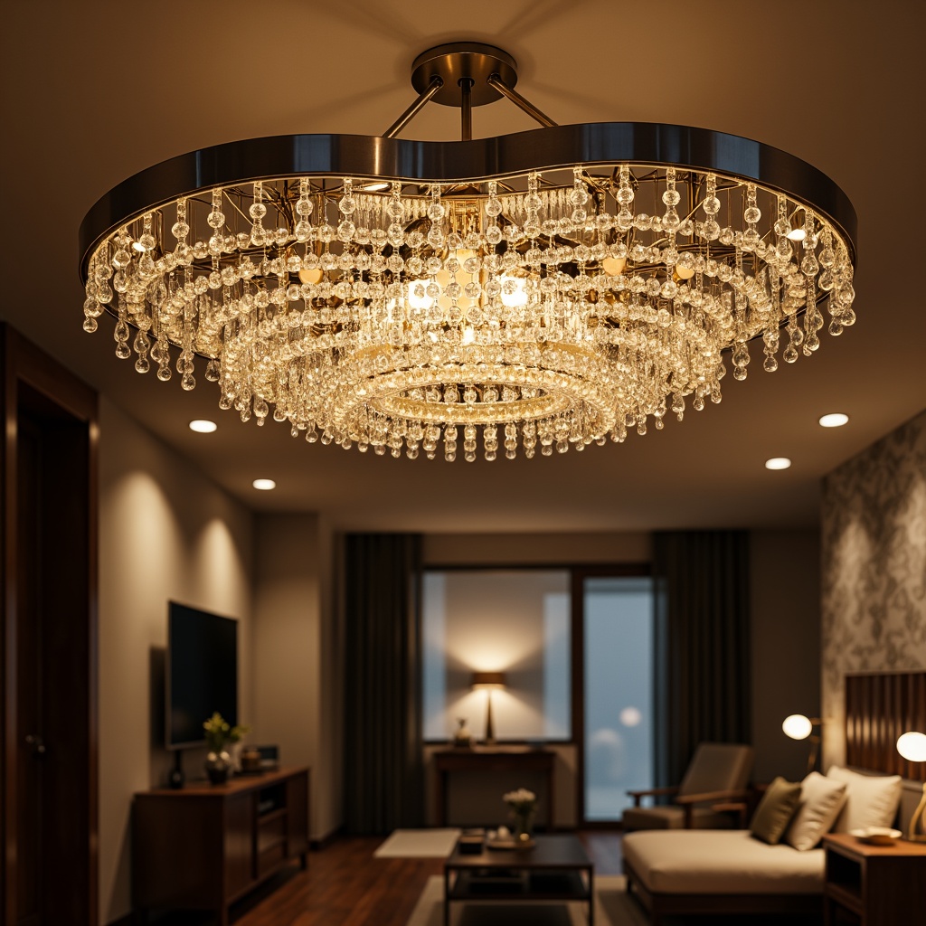 Prompt: Elegant modern chandelier, luxurious crystal droplets, warm soft glow, ambient illumination, sophisticated ceiling fixture, stylish pendant lights, sleek metal shades, minimalist design, energy-efficient LED bulbs, cozy living room, refined dining space, intimate bedroom atmosphere, subtle color temperatures, 1/1 composition, softbox lighting, realistic reflections.