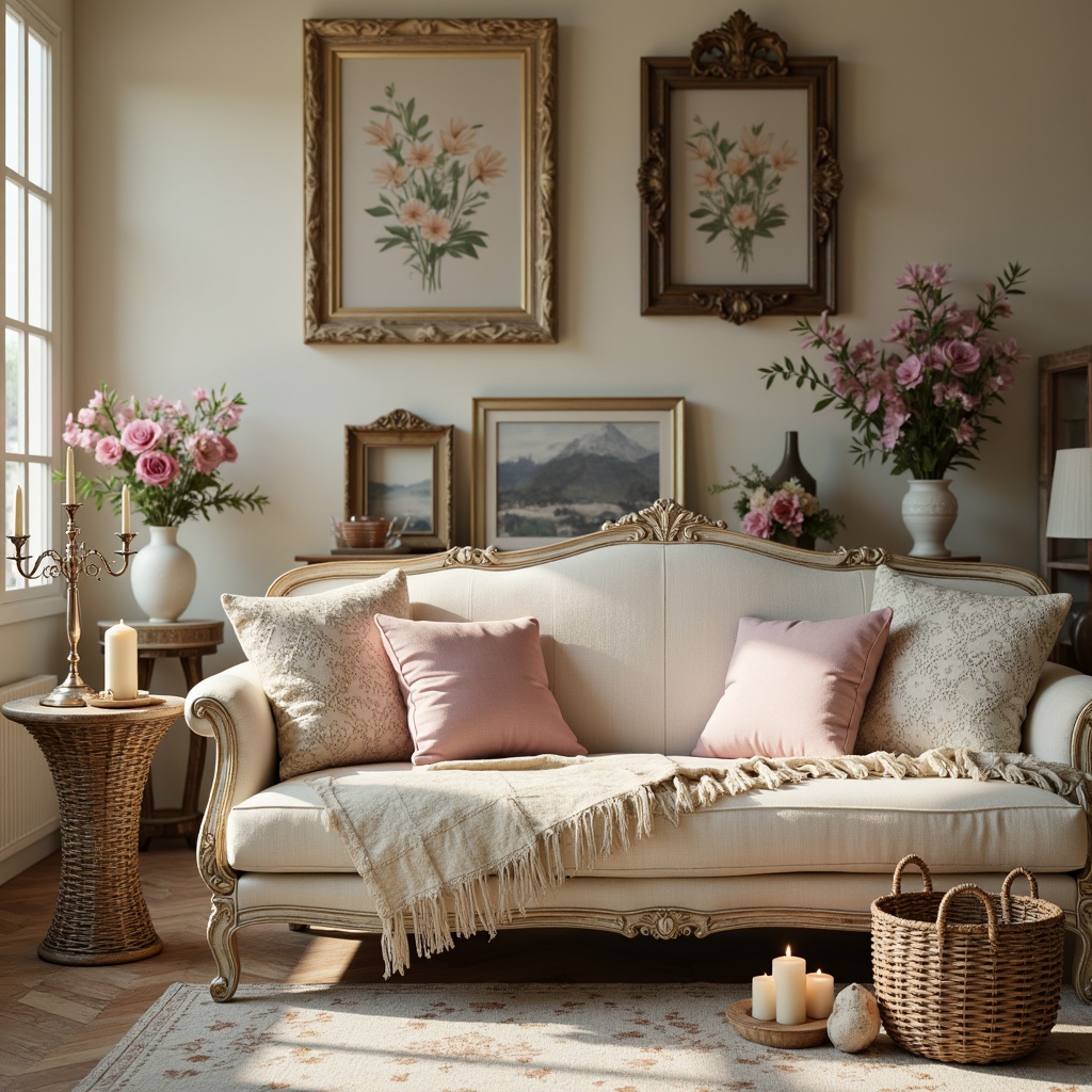 Prompt: Distressed vintage furniture, soft pastel colors, romantic florals, lace trimmings, ruffled fabrics, natural linen textures, woven wicker baskets, ornate metal frames, distressed wood accents, subtle feminine patterns, elegant candelabras, warm beige lighting, shallow depth of field, 1/1 composition, intimate atmosphere, realistic fabrics, ambient occlusion.