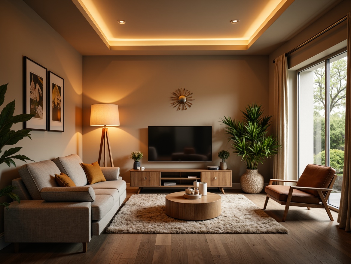 Prompt: Cozy living room, warm beige walls, plush carpet, comfortable sofa, wooden coffee table, modern floor lamp, soft warm glow, ambient lighting, LED strip lights, recessed ceiling lights, decorative pendant lights, natural materials, earthy tones, intimate atmosphere, relaxed vibe, afternoon sunlight, 1/1 composition, shallow depth of field, realistic textures.