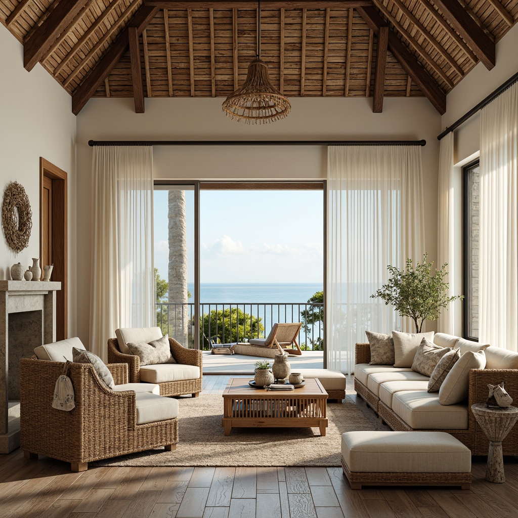 Prompt: Seaside villa, driftwood accents, ocean-inspired color palette, shell decorations, woven wicker furniture, natural linen fabrics, distressed wooden floors, nautical rope details, beachy textiles, coral patterns, sea glass vases, ocean breeze ambiance, soft warm lighting, shallow depth of field, 3/4 composition, panoramic view, realistic textures, ambient occlusion.