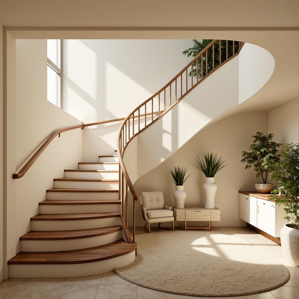 Prompt: Elegant staircase, curved handrails, polished wooden steps, creamy white risers, soft warm lighting, rich walnut wood tones, subtle gold accents, gentle cream-colored walls, calming beige carpeting, modern minimalist design, sleek metal balusters, rounded landing platforms, flowing curves, natural stone flooring, airy open space, 1/2 composition, shallow depth of field, warm afternoon light, realistic textures.