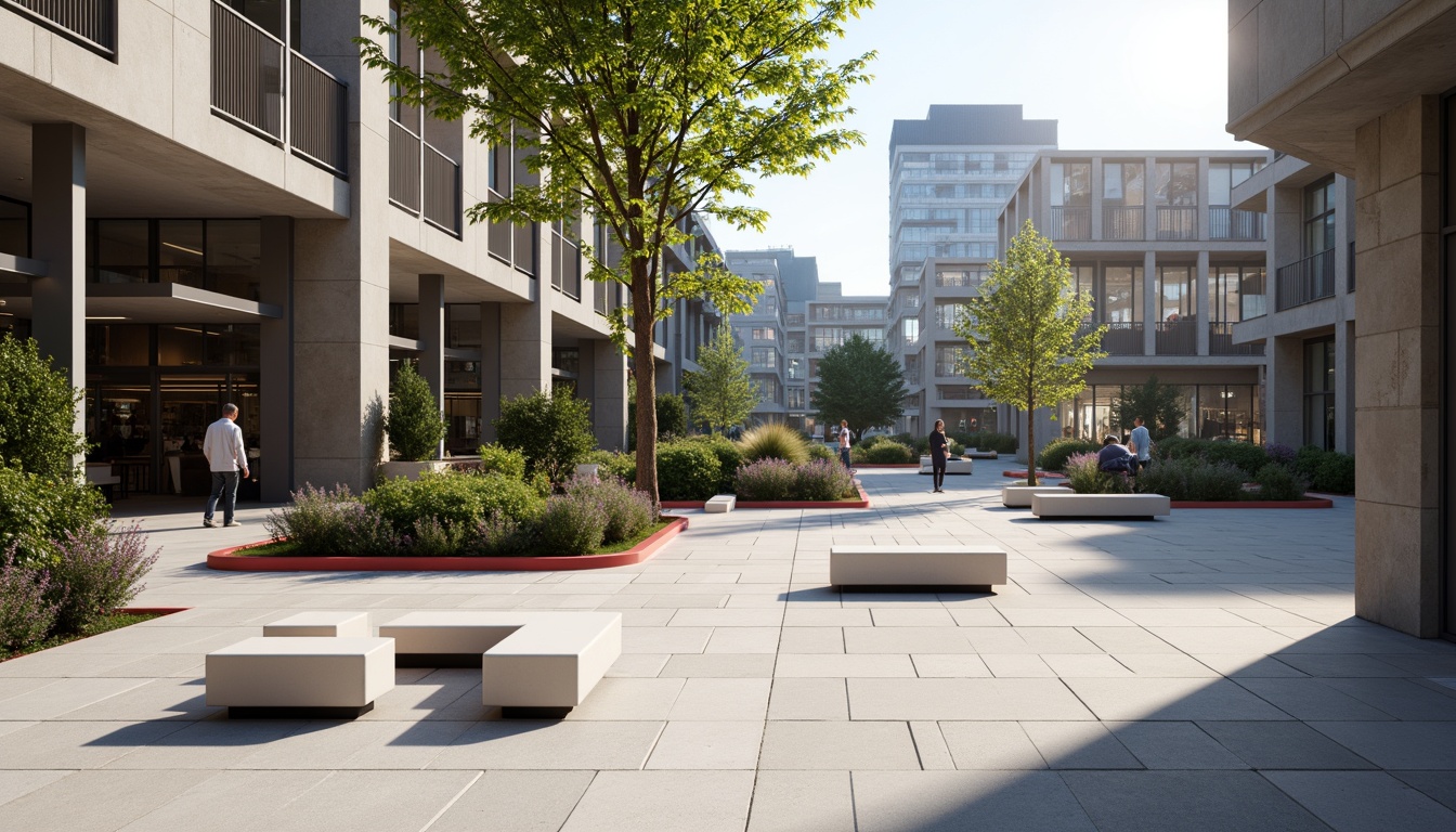 Prompt: Open plaza, minimalist benches, clean lines, rectangular shapes, primary color accents, industrial materials, exposed ductwork, functional lighting, urban landscape, modernist architecture, steel frames, large windows, geometric patterns, brutalist concrete, abstract sculptures, sunny day, high contrast lighting, shallow depth of field, 2/3 composition, symmetrical view, realistic textures, ambient occlusion.