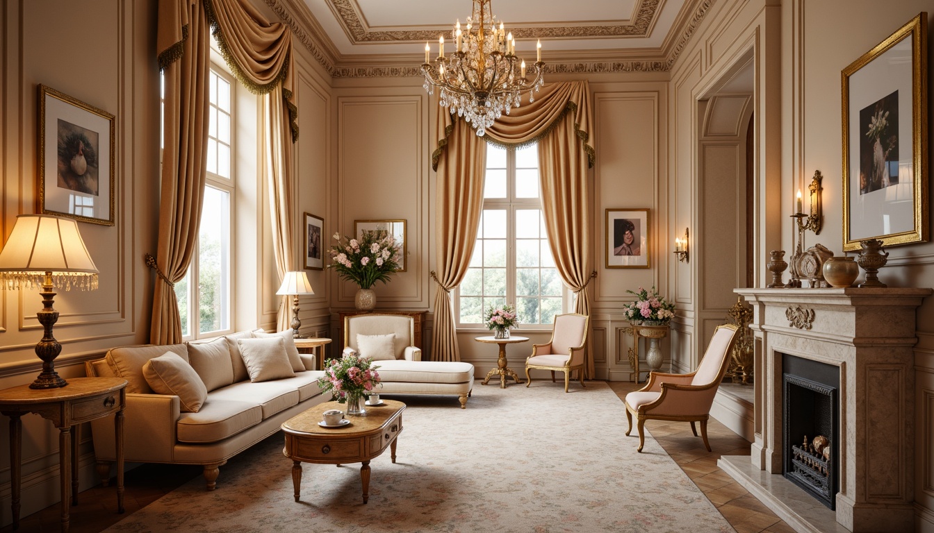 Prompt: Luxurious Rococo interiors, soft pastel hues, warm golden accents, ornate furnishings, delicate florals, velvet drapes, crystal chandeliers, rich wood tones, intricate carvings, gilded frames, lavish textiles, subtle sheen, warm candlelight, shallow depth of field, 1/2 composition, romantic ambiance.