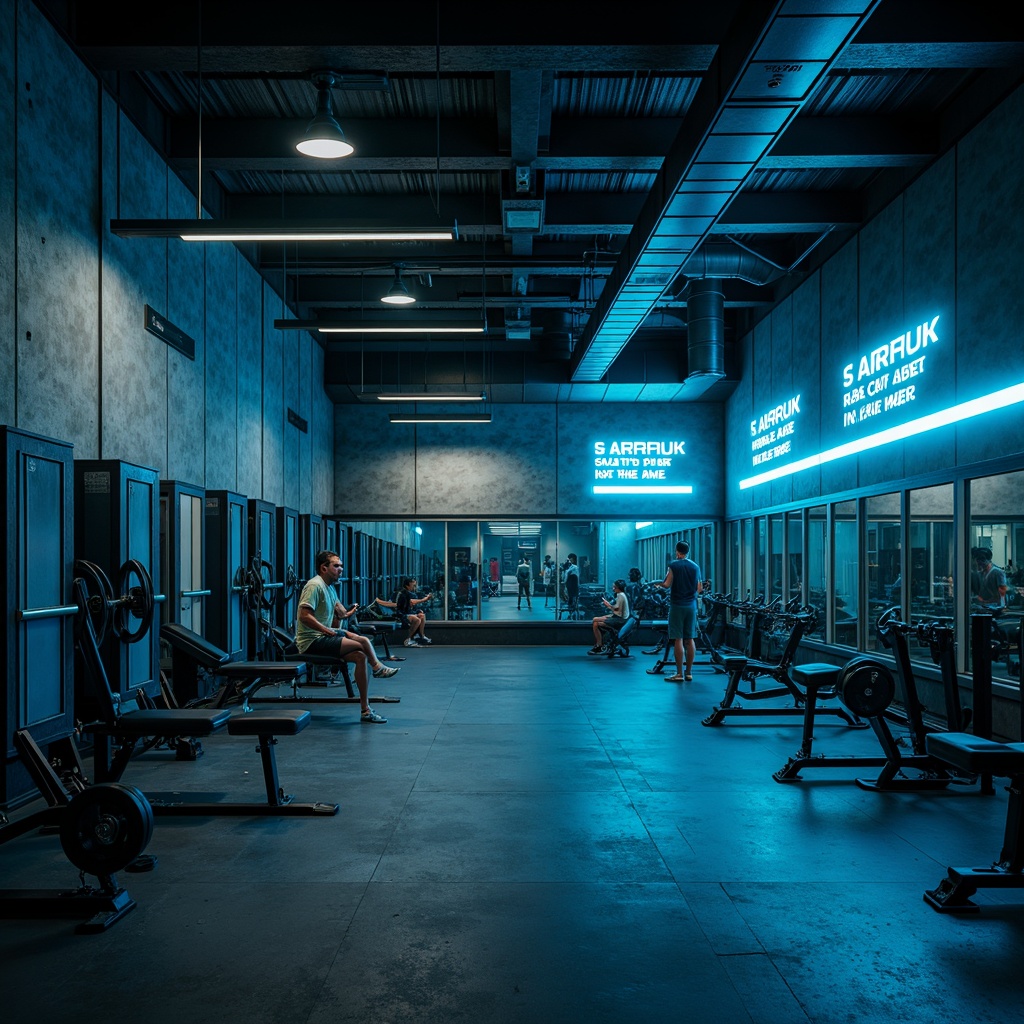 Prompt: Exposed concrete walls, industrial metal beams, dimly lit spaces, neon accent lights, gritty urban ambiance, raw concrete floors, metallic equipment, brutalist architecture, functional minimalism, high-contrast lighting, dramatic shadows, intense workout areas, motivational quotes, modern fitness machines, heavy-duty weights, sleek mirrored walls, polished steel surfaces, cold blue tones, atmospheric fog effects, shallow depth of field, 2/3 composition, cinematic mood lighting.