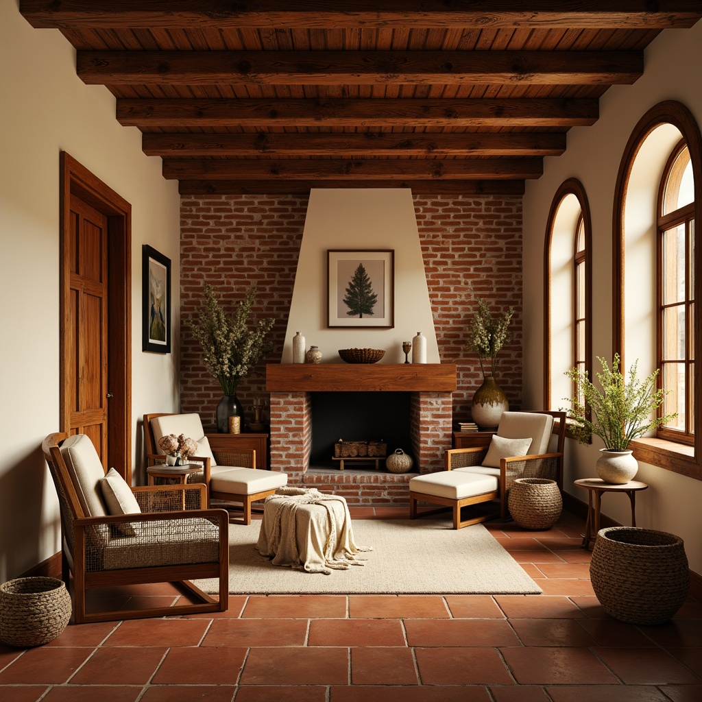 Prompt: Warm traditional interior, rich wood tones, earthy red bricks, vintage furniture, soft golden lighting, creamy whites, calming beige walls, ornate moldings, classic architectural details, warm terracotta floors, natural textiles, woven baskets, rustic wooden beams, subtle color contrasts, 1/1 composition, shallow depth of field, realistic textures, ambient occlusion.