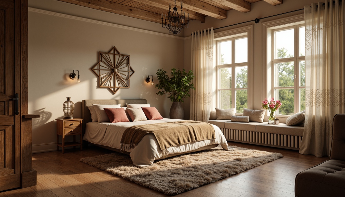 Prompt: Cozy bedroom, plush area rug, soft velvet pillows, warm beige walls, elegant wooden furniture, ornate metal frames, delicate lace curtains, romantic candles, fresh flowers, comfortable reading nook, floor-to-ceiling windows, natural light, airy atmosphere, serene ambiance, 1/1 composition, shallow depth of field, warm color palette, realistic textures, ambient occlusion.