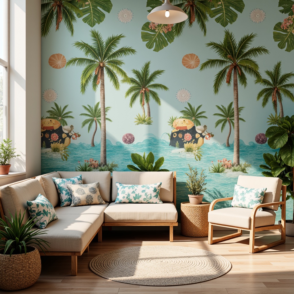 Prompt: Vibrant tropical wallpaper, palm tree murals, colorful floral patterns, baby-friendly furniture, soft pastel hues, wooden wall accents, woven rattan baskets, exotic seashell decorations, whimsical ocean-inspired accessories, gentle ocean breeze sounds, warm sunny lighting, shallow depth of field, 1/2 composition, cozy corner seating, plush area rugs, natural fiber textures, calming ambiance.