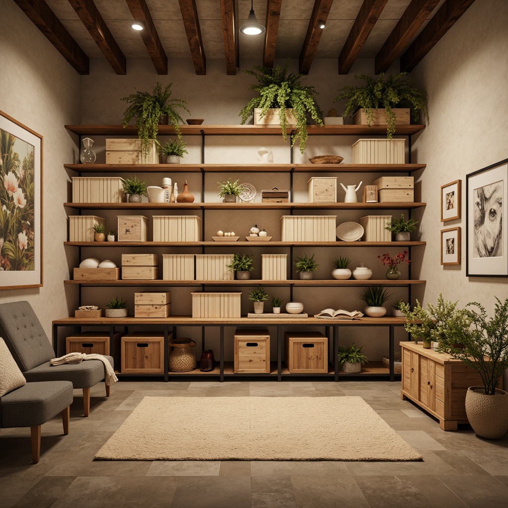 Prompt: Cozy storage room, warm beige walls, industrial metal shelving, rustic wooden crates, soft cream accents, earthy brown tones, natural textures, subtle gray undertones, LED lighting, modern minimalist decor, ample vertical space, functional layout, organized compartments, calm atmosphere, soft focus, 1/1 composition, realistic rendering.