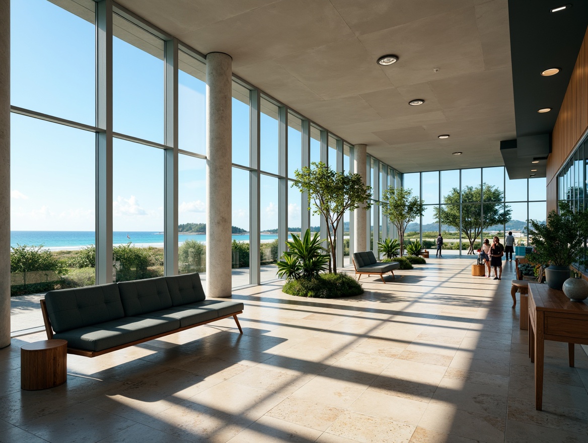 Prompt: Airy coastal airport interior, large windows, natural light, ocean views, calming atmosphere, modern sleek furniture, polished stone floors, wooden accents, nautical decorations, minimal ornamentation, functional layout, efficient passenger flow, spacious corridors, comfortable seating areas, vibrant blue and green color scheme, soft warm lighting, shallow depth of field, 1/1 composition, realistic textures, ambient occlusion.