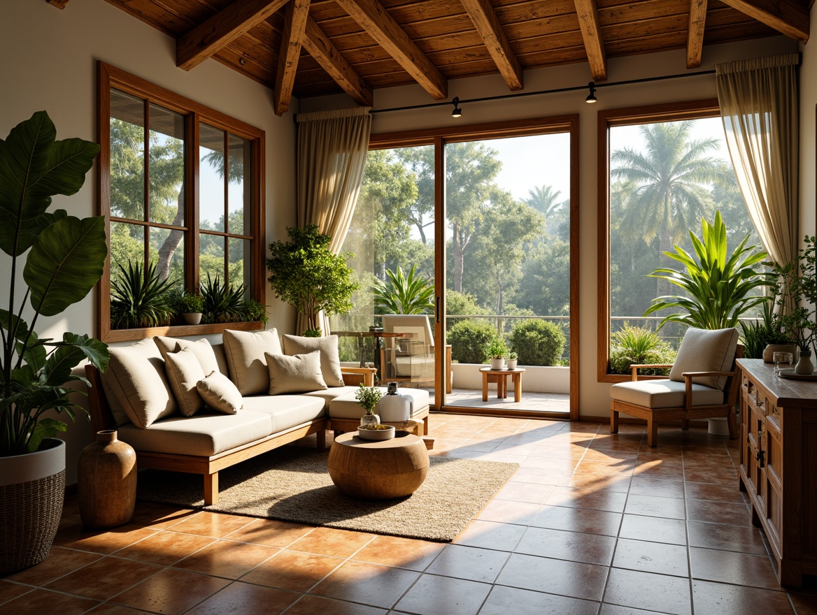 Prompt: Cozy sunroom, warm natural light, comfortable seating area, lush greenery, tropical plants, wooden flooring, rustic texture, earthy tone, ceramic tiles, glossy finish, Moroccan-inspired patterns, soft plush carpeting, neutral color palette, warm beige tones, bright sunny day, gentle breezy atmosphere, panoramic view, large windows, sliding glass doors, realistic reflections, shallow depth of field.