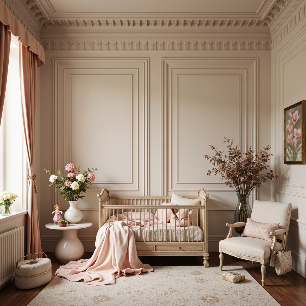 Prompt: Soft pastel colors, gentle florals, elegant crown molding, ornate wooden crib, plush velvet fabrics, intricate lace details, delicate porcelain dolls, antique furniture pieces, luxurious silk drapes, subtle gold accents, warm creamy lighting, shallow depth of field, 1/2 composition, soft focus effect, romantic whimsical atmosphere.