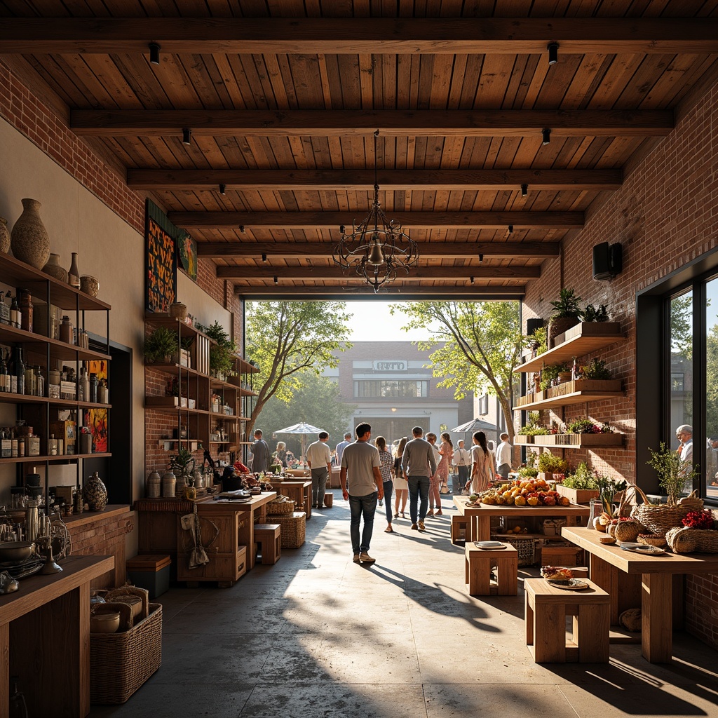 Prompt: Vibrant market vernacular interior, warm soft lighting, rustic wooden beams, exposed brick walls, industrial metal accents, reclaimed wood shelves, eclectic decorative items, colorful textiles, lively atmosphere, bustling crowd, afternoon sunlight, gentle shadows, 1/1 composition, shallow depth of field, realistic textures, ambient occlusion.