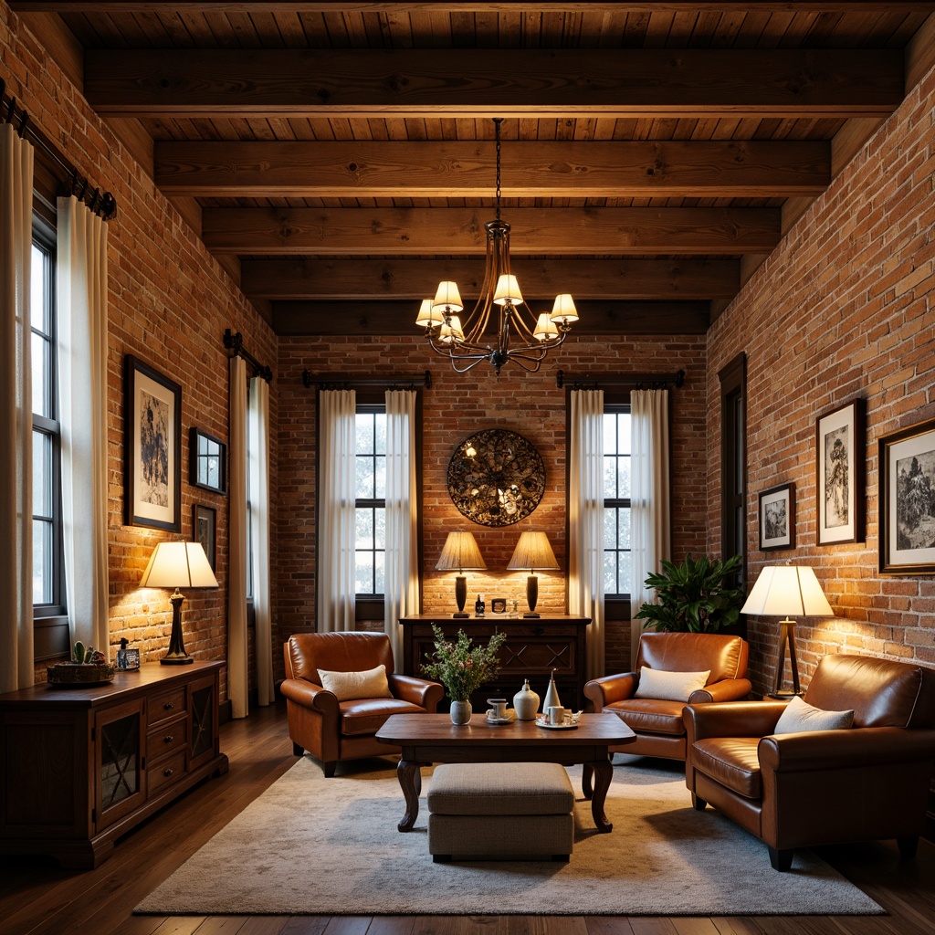 Prompt: Rustic wooden beams, exposed brick walls, soft warm lighting, elegant metal chandeliers, distressed wood lanterns, vintage pendant lights, ornate iron fixtures, cream-colored ceramics, natural linen shades, earthy tone fabrics, plush area rugs, worn leather armchairs, antique decorative items, dimmable floor lamps, warm white LED bulbs, layered lighting effects, cozy reading nooks, intimate seating areas, rustic wooden tables, distressed metal signs.