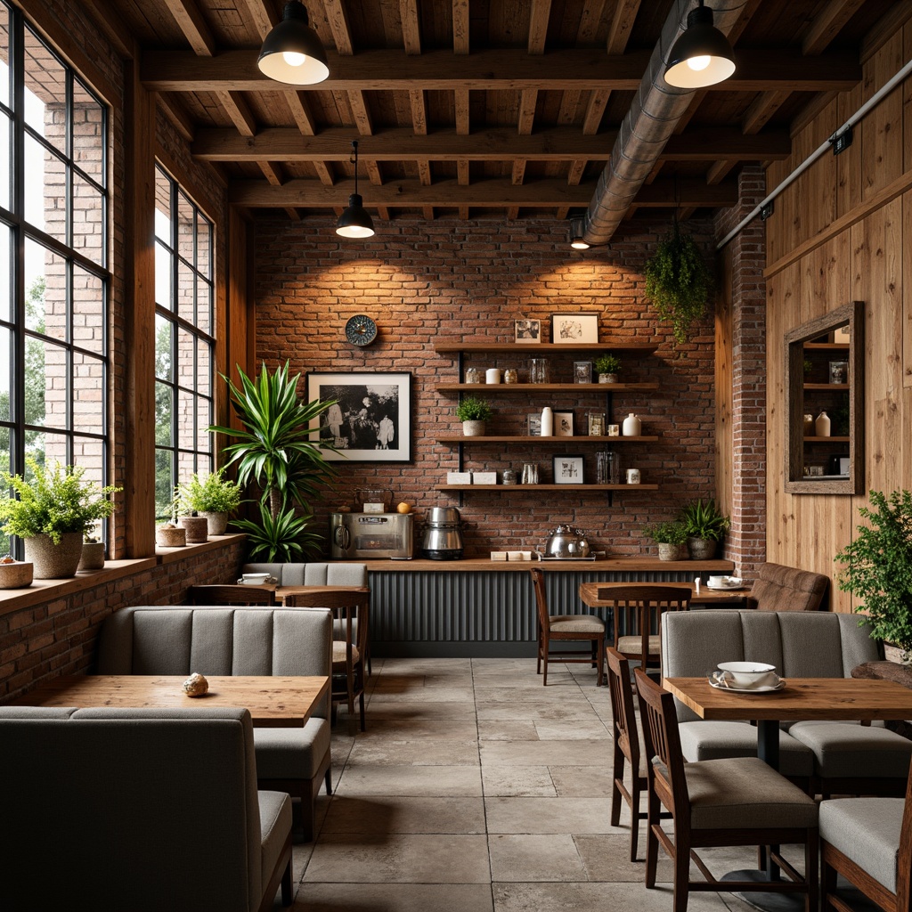 Prompt: Rustic coffee shop, exposed brick walls, reclaimed wood accents, industrial metal beams, vintage decorative lighting, earthy color palette, cozy atmosphere, warm natural textures, distressed wooden tables, comfortable plush armchairs, greenery-filled planters, soft warm lighting, shallow depth of field, 1/1 composition, realistic materials, ambient occlusion.