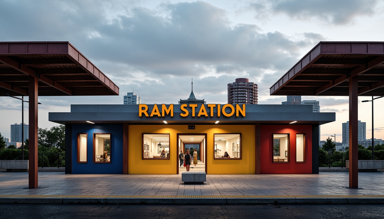 Prompt: Geometric train station, primary color scheme, bold typography, industrial materials, steel beams, concrete walls, rectangular windows, minimalist decor, functional design, urban landscape, cloudy sky, dramatic shadows, high-contrast lighting, 1/1 composition, symmetrical framing, architectural photography, realistic renderings, ambient occlusion.