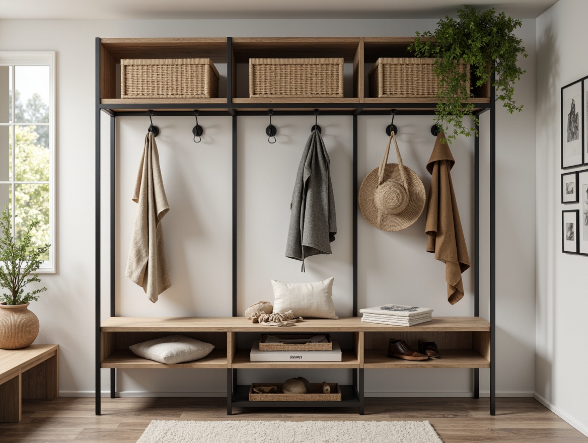 Prompt: Mudroom storage, minimalist design, sleek shelving units, industrial metal frames, reclaimed wood accents, matte black hardware, wall-mounted organizers, woven baskets, natural fiber textiles, monochromatic color scheme, abundant natural light, soft warm glow, shallow depth of field, 1/1 composition, realistic textures, ambient occlusion.