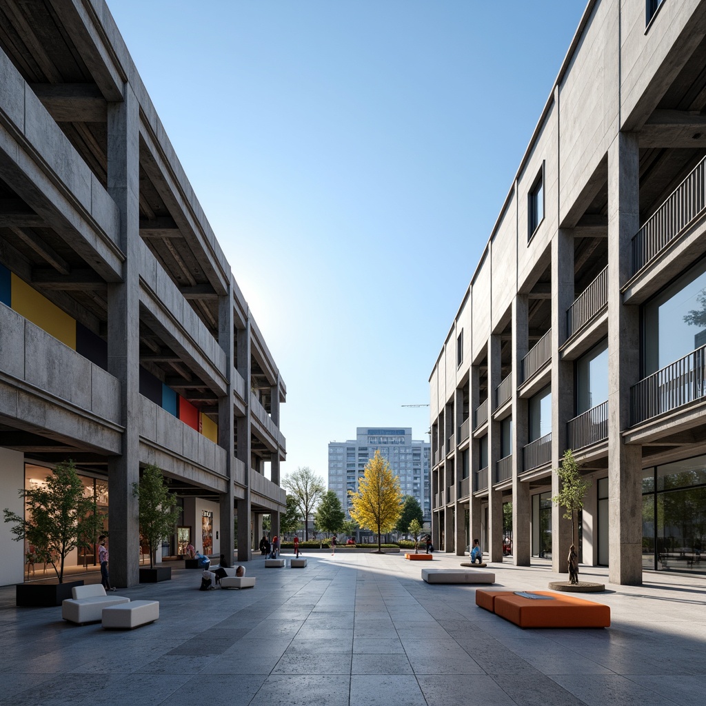 Prompt: Minimalist open plaza, geometric shapes, industrial materials, steel beams, concrete floors, large windows, functional furniture, bold typography, primary color accents, abstract sculptures, urban landscape, clear blue sky, strong shadows, high contrast lighting, shallow depth of field, 2/3 composition, symmetrical framing, modernist architecture, clean lines, rectangular forms, functional simplicity, rational design, innovative spatial planning.