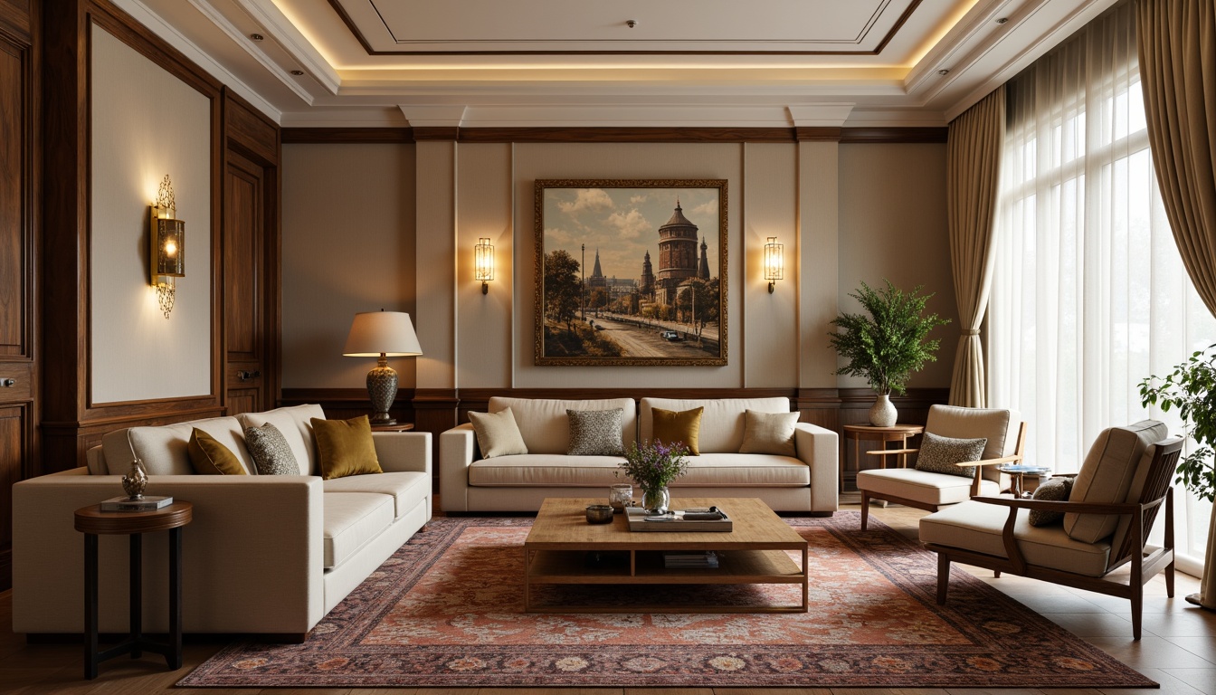 Prompt: Luxurious living room, plush velvet sofa, ornate wooden coffee table, intricately patterned rug, statement lighting fixtures, metallic gold accents, soft beige walls, rich wood paneling, elegant cream curtains, sophisticated artwork, decorative vases, potted greenery, ambient warm glow, shallow depth of field, 1/1 composition, realistic textures, subtle shadowing.