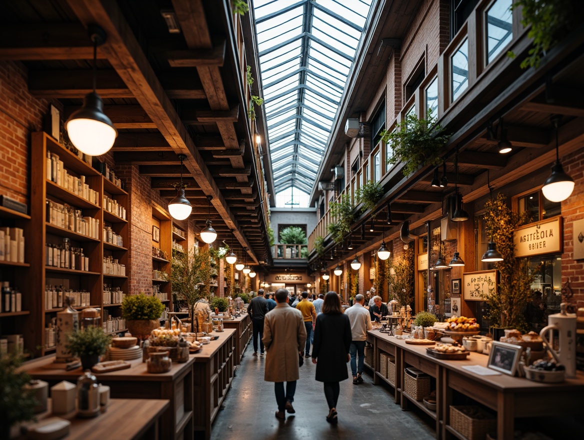 Prompt: Vibrant marketplace interior, rustic wooden beams, exposed brick walls, ornate metal fixtures, pendant lamps, warm candlelight, cozy ambient glow, eclectic vintage decor, distressed textures, rich colors, lively atmosphere, bustling crowd, natural light pouring in through large skylights, softbox lighting, 1/2 composition, shallow depth of field, realistic reflections.