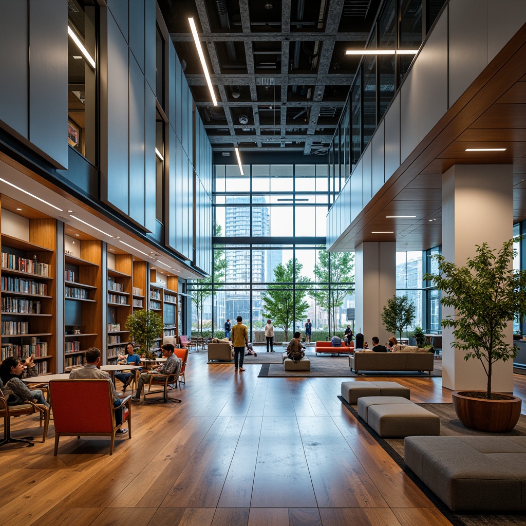 Prompt: Modern library, sleek lines, minimalist decor, abundant natural light, floor-to-ceiling windows, polished wood flooring, comfortable seating areas, cozy reading nooks, quiet study spaces, futuristic shelving systems, metallic bookcases, vibrant colorful accents, geometric patterns, ambient soft lighting, shallow depth of field, 3/4 composition, panoramic view, realistic textures, innovative storage solutions, collaborative workspaces, flexible furniture layouts, advanced technology integration, high-speed internet access, peaceful atmosphere.