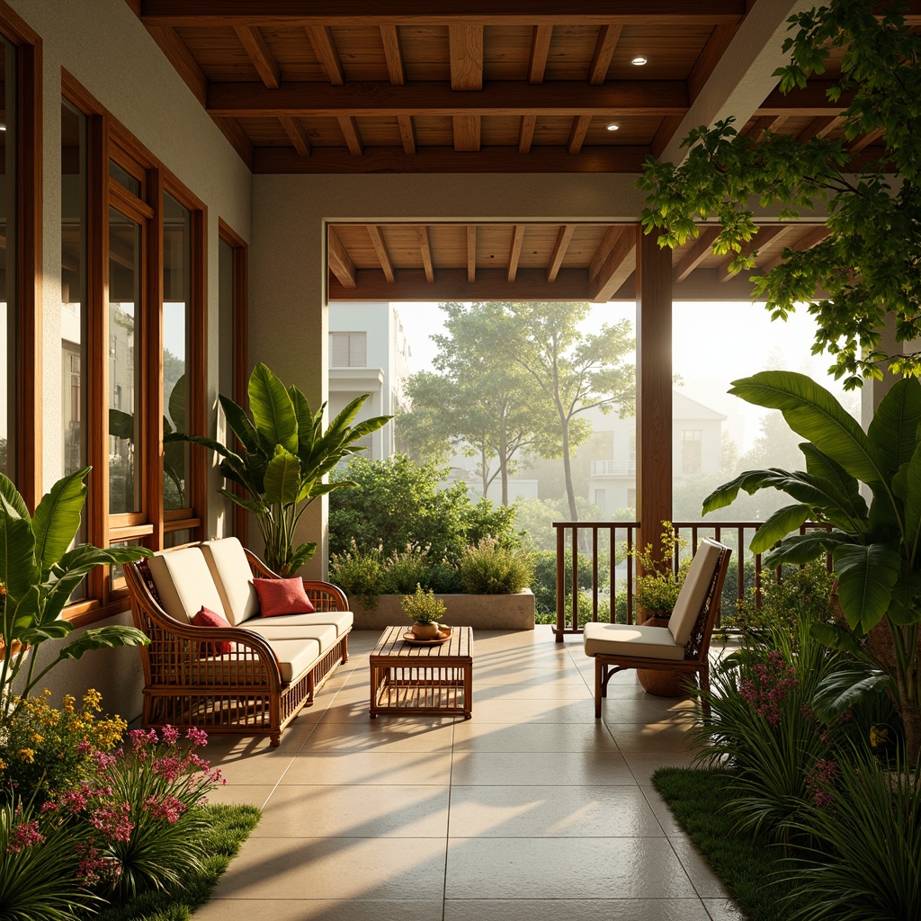 Prompt: Vibrant tropical villa, lush greenery, exotic flowers, natural wood accents, woven rattan furniture, warm beige walls, large windows, sliding glass doors, open-air verandas, soft diffused lighting, warm golden tones, ambient shadows, subtle color contrasts, layered textures, realistic reflections, misty morning atmosphere, 1/1 composition, shallow depth of field, cinematic mood.Please let me know if this meets your requirements!