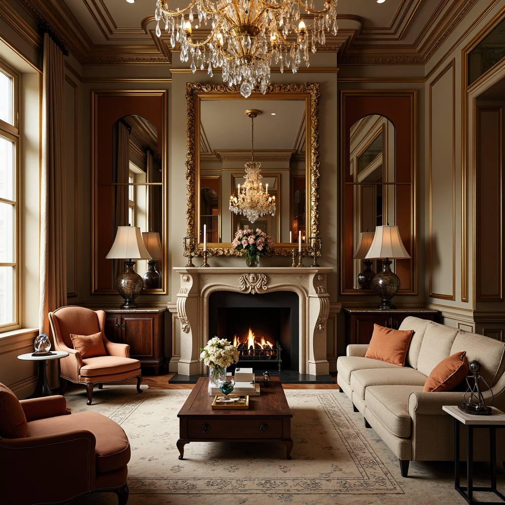 Prompt: Luxurious living room, ornate golden frames, velvet upholstered furniture, rich wooden accents, crystal chandeliers, soft cream carpets, plush throw pillows, decorative vases, elegant candlesticks, natural stone fireplaces, warm ambient lighting, shallow depth of field, 1/2 composition, intimate atmosphere, realistic textures, subtle shadows.