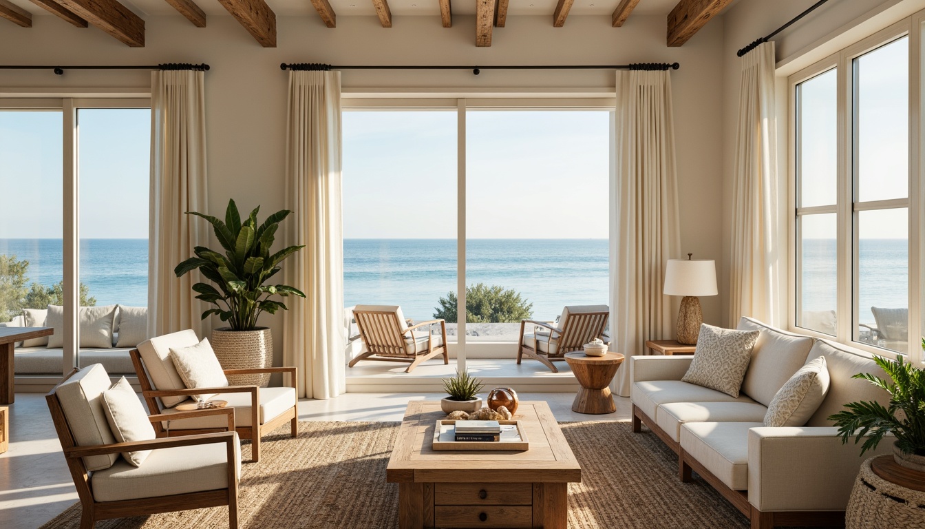 Prompt: Coastal living room, soft warm lighting, large windows, sliding glass doors, ocean views, beachy vibes, driftwood accents, natural textiles, woven seagrass, jute rugs, calming color palette, creamy whites, soothing blues, sea salt tones, distressed wood furniture, nautical decorations, coral patterns, shell embellishments, airy atmosphere, minimal ornamentation, reflective surfaces, shimmering water effects, 1/1 composition, soft focus, warm color grading.