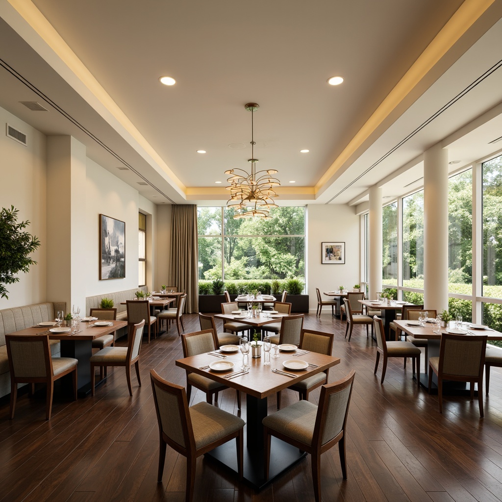 Prompt: Transitional dining hall, elegant wooden tables, comfortable upholstered chairs, soft warm lighting, creamy white walls, dark hardwood floors, large windows, lush greenery views, subtle modern chandeliers, statement art pieces, refined metal accents, neutral color palette, 3/4 composition, shallow depth of field, realistic textures, ambient occlusion.