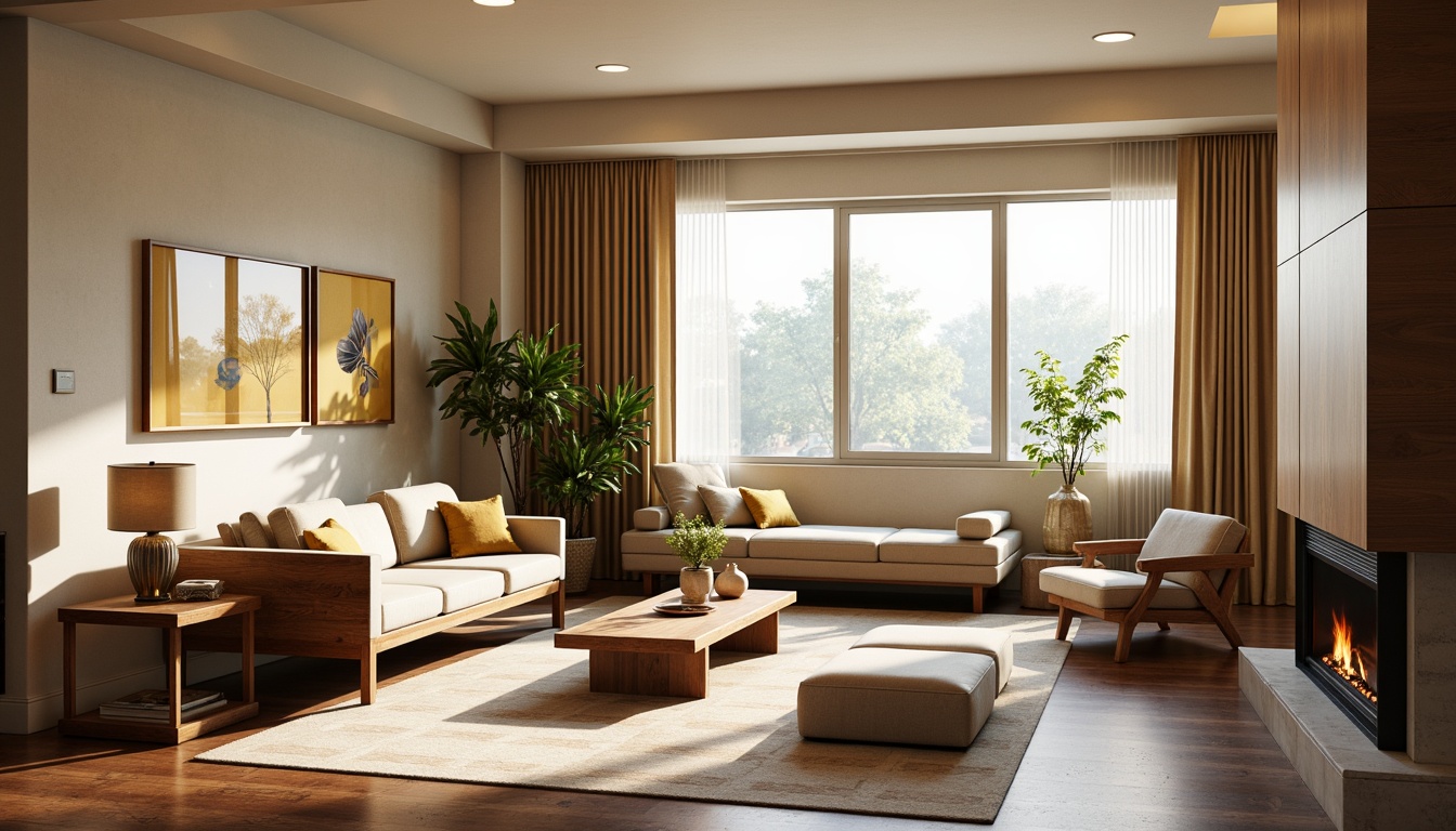 Prompt: Mid-century modern living room, sleek low-profile sofa, walnut wood coffee table, geometric patterned rug, floor-to-ceiling windows, natural light pouring in, minimalist decor, retro-style armchairs, tufted ottoman, brass accents, rich velvet drapes, abstract artwork, 1950s-inspired lighting fixtures, warm beige walls, polished hardwood floors, cozy reading nook, plush throw pillows, organic-shaped side tables, airy atmosphere, soft warm lighting, shallow depth of field, 2/3 composition, realistic textures.