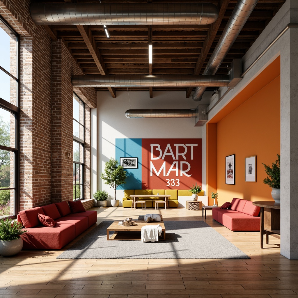 Prompt: Vibrant Bauhaus interior, primary color scheme, bold typography, geometric patterns, industrial materials, exposed brick walls, polished metal accents, minimalist decor, functional furniture, neutral backgrounds, pops of bright colors, warm natural lighting, shallow depth of field, 1/1 composition, realistic textures, ambient occlusion.