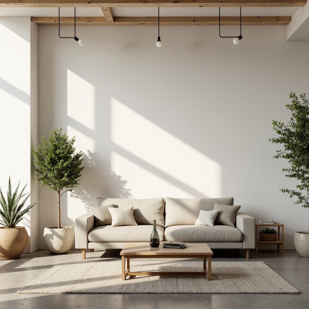 Prompt: Simple, low-profile sofa, clean-lined coffee table, minimal ornamentation, creamy white walls, polished concrete floor, industrial-chic lighting fixtures, sparse greenery, natural textiles, earthy color palette, understated luxury, Scandinavian-inspired design, airy open space, abundant natural light, soft diffused shadows, 1/1 composition, shallow depth of field, realistic reflections.