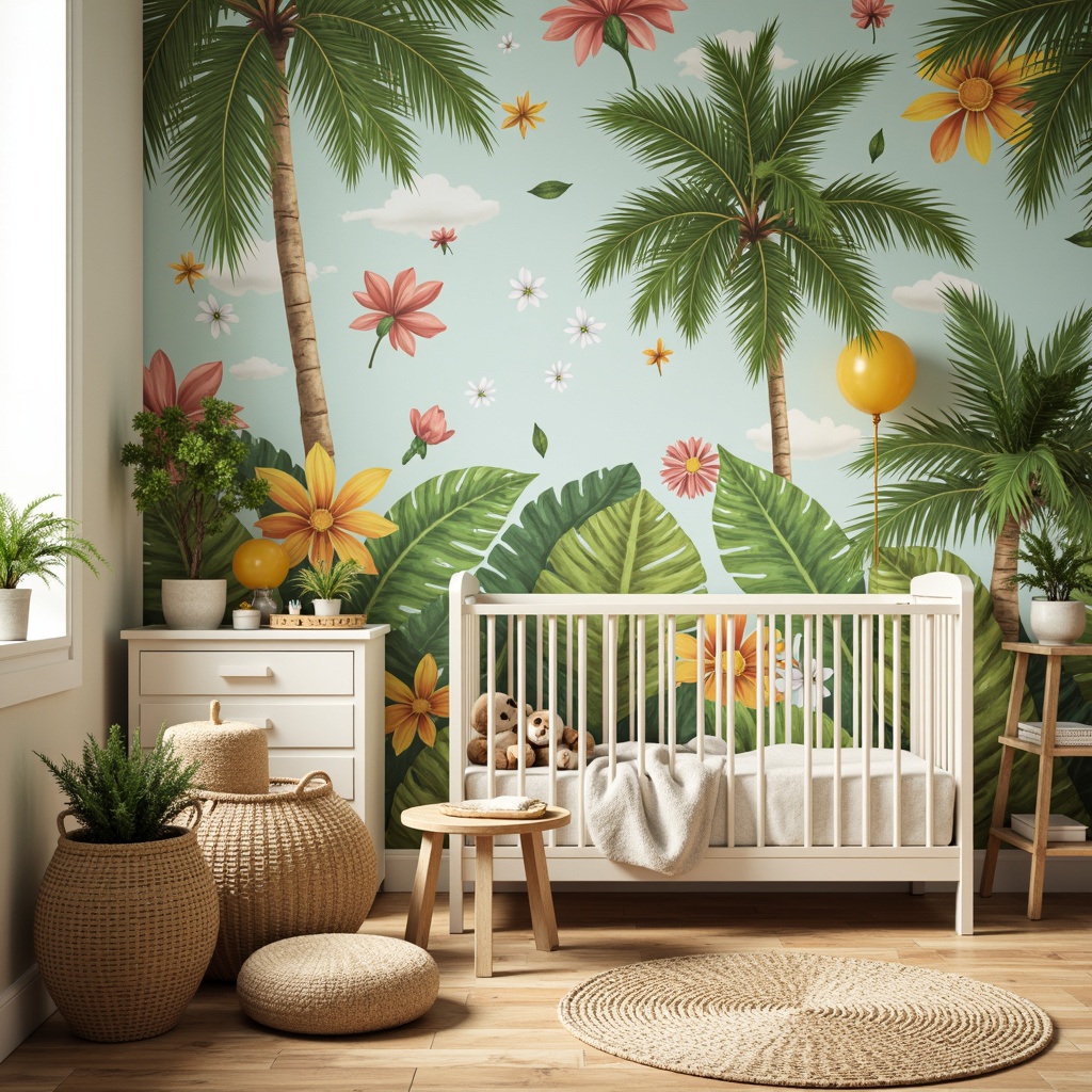 Prompt: Vibrant tropical wall mural, playful monkey decals, colorful floral patterns, soft pastel hues, whimsical palm tree designs, textured woven baskets, natural fiber rugs, creamy white furniture, rounded crib, plush jungle-inspired toys, exotic leaf-shaped decorations, sunny yellow accents, warm golden lighting, shallow depth of field, 1/2 composition, realistic textures, ambient occlusion.