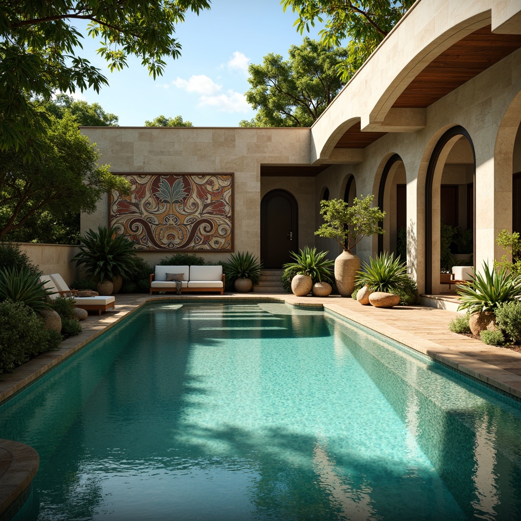 Prompt: Luxurious swimming pool, turquoise water, natural stone walls, ornate tile mosaics, Art Nouveau patterns, flowing curves, organic forms, lush greenery, tropical plants, wooden decking, warm golden lighting, subtle water ripples, soft focus, 1/2 composition, realistic reflections, ambient occlusion.