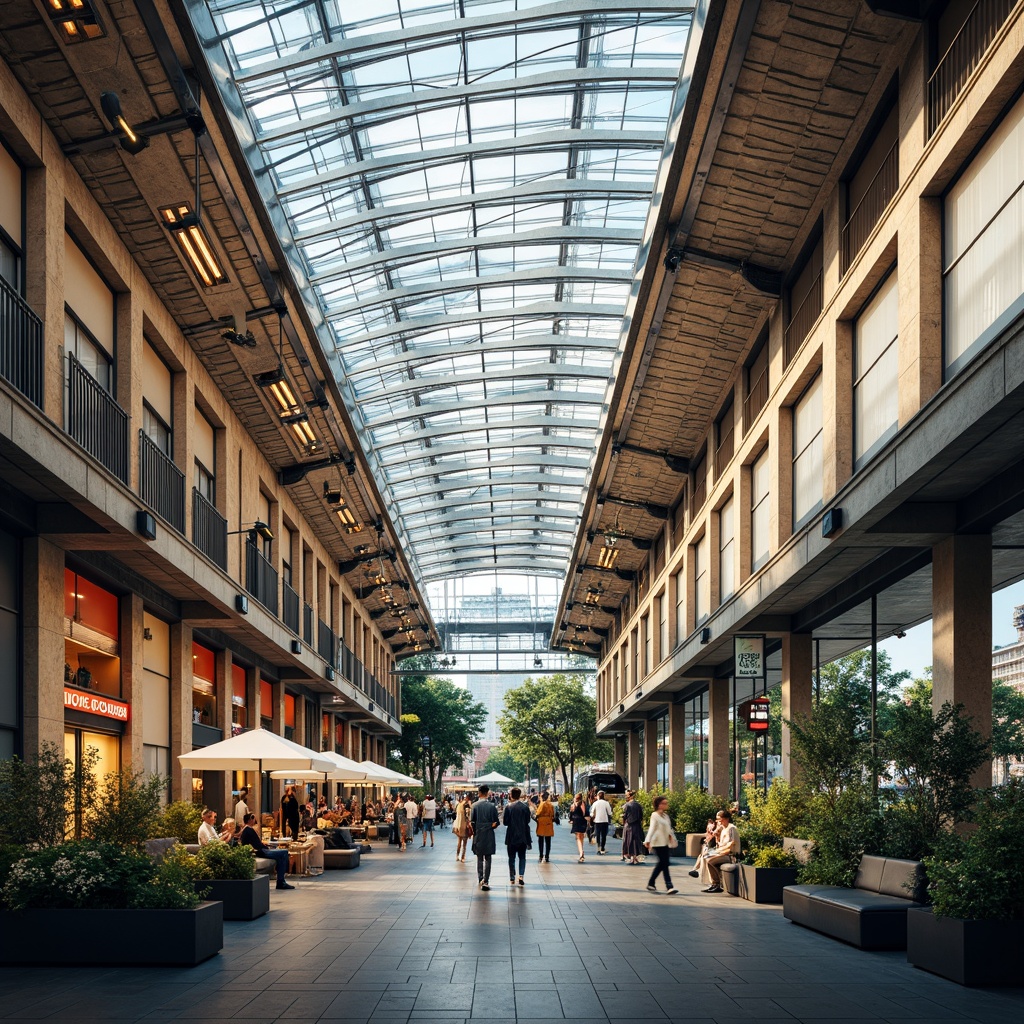 Prompt: Vibrant train station, modern architecture, sleek metal structures, large glass roofs, natural stone flooring, warm beige walls, calming blue accents, energetic orange highlights, comfortable seating areas, lush greenery, urban cityscape, busy rush hour, soft warm lighting, shallow depth of field, 3/4 composition, realistic textures, ambient occlusion.