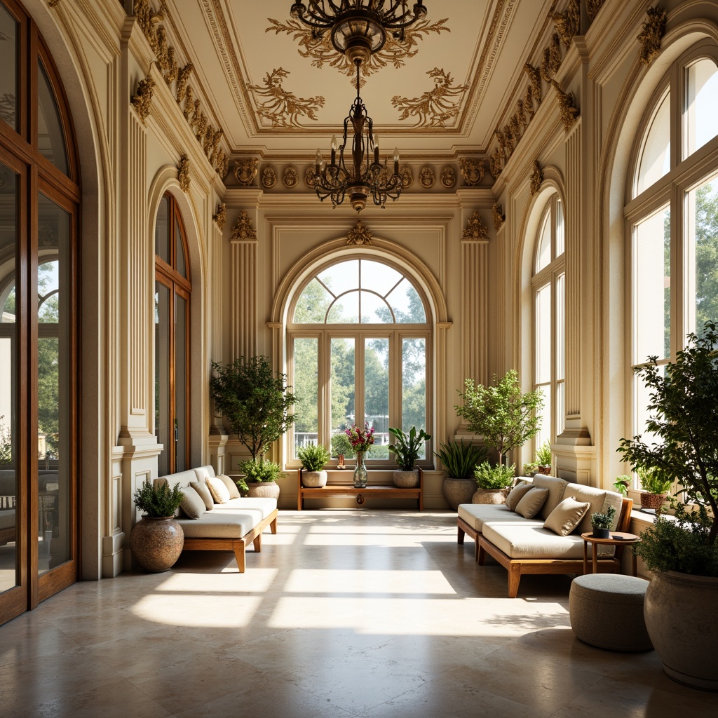 Prompt: Ornate sunroom, Renaissance-style molding, intricately carved wooden panels, cream-colored walls, golden accents, grandiose chandeliers, lavish drapery, ornamental ceiling details, majestic archways, stately columns, polished marble floors, warm natural light, soft shadows, subtle color palette, refined atmosphere, shallow depth of field, 1/1 composition, symmetrical framing, realistic textures.