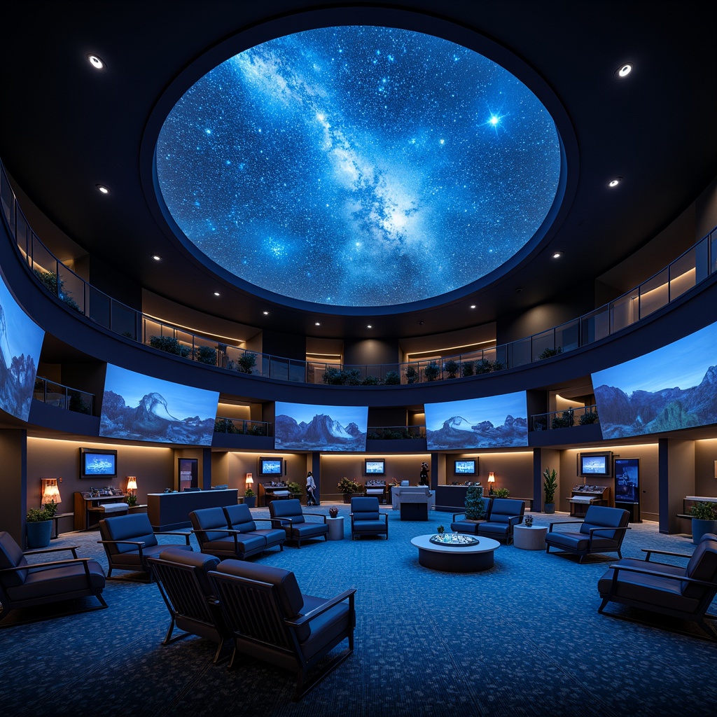 Prompt: Celestial planetarium interior, dark blue dome ceiling, starry night sky projections, futuristic seating, sleek metal frames, cushioned chairs, adjustable armrests, built-in audio systems, ambient LED lighting, curved rows of seats, circular floor plan, astronomical displays, interactive exhibits, space-inspired decor, nebula-patterned carpets, galaxy-blue accent walls, minimalist coffee tables, orbiting pendant lights, soft warm glow, shallow depth of field, 3/4 composition, panoramic view, realistic textures, ambient occlusion.