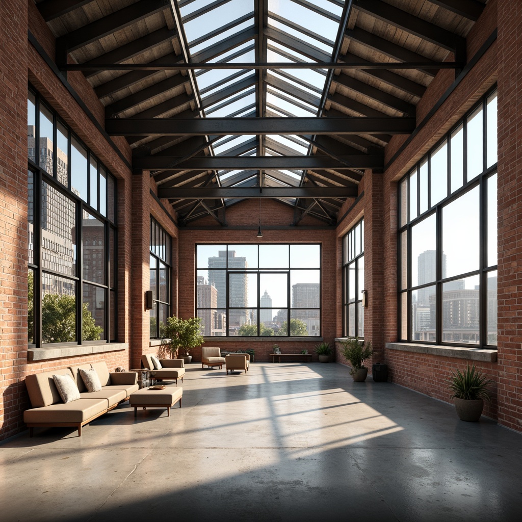 Prompt: Industrial chic loft, exposed brick walls, metal beams, high ceilings, large windows, skylights, clerestory windows, minimalist decor, neutral color palette, reflective surfaces, polished concrete floors, urban cityscape views, sunny day, soft warm lighting, shallow depth of field, 3/4 composition, panoramic view, realistic textures, ambient occlusion.