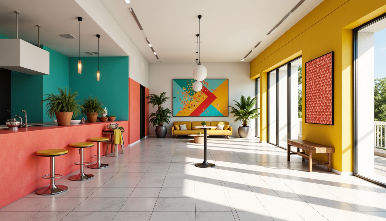 Prompt: Vibrant accent walls, bold geometric patterns, bright coral hues, sunny yellow tones, rich turquoise accents, playful polka dots, modern abstract artwork, sleek metal fixtures, glossy white surfaces, minimalist decor, spacious open layout, natural light pouring in, airy atmosphere, shallow depth of field, 3/4 composition, realistic textures, ambient occlusion.