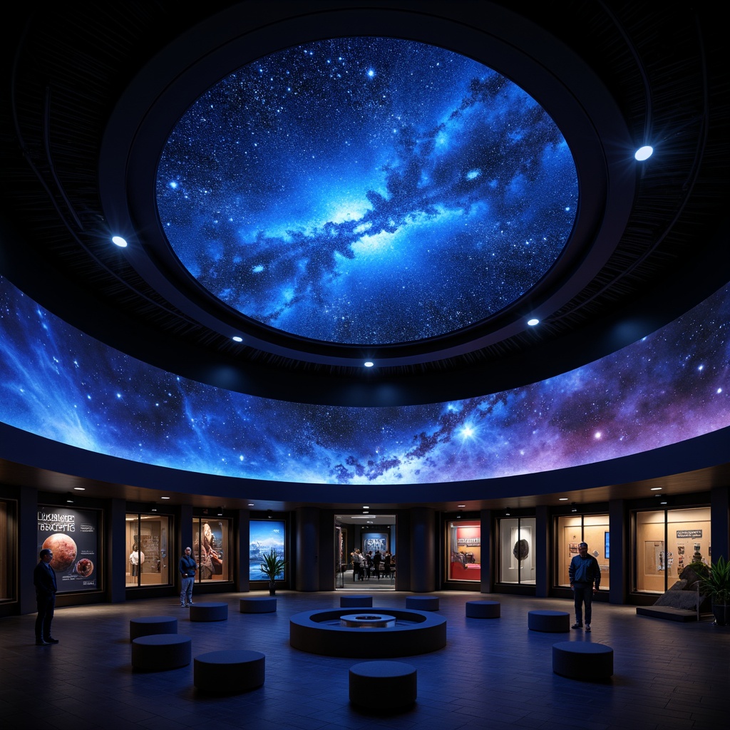 Prompt: Cosmic planetarium interior, dark blue ceiling, starry night sky projection, twinkling LED lights, nebula-inspired color scheme, soft ambient glow, subtle gradient effects, futuristic lighting fixtures, sleek metal accents, minimalist design, immersive experience, 360-degree dome screen, surround sound system, comfortable seating area, interactive exhibit displays, educational signage, astronomy-themed decorations, moody atmospheric lighting, low-key illumination, dramatic spotlighting, vibrant colored accents.