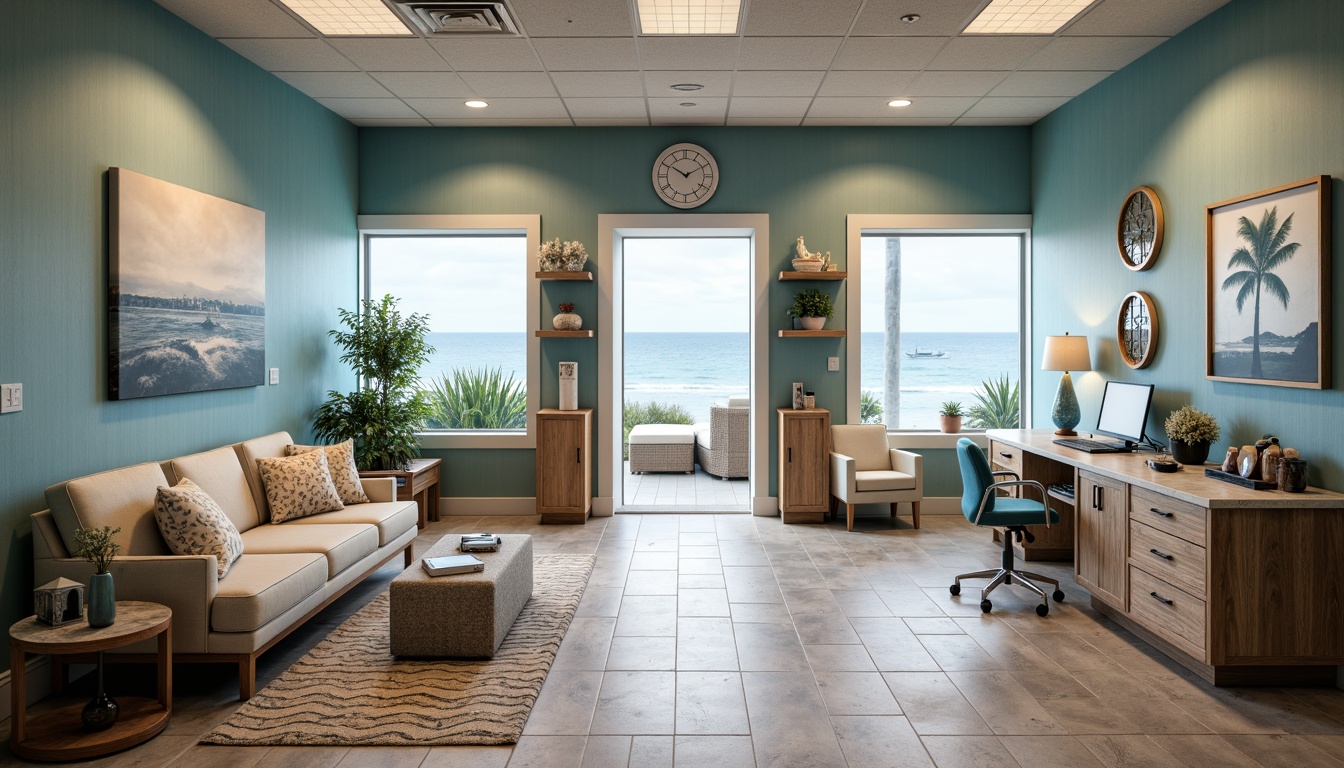 Prompt: Calming coastal dental clinic, soothing ocean blue walls, natural wood accents, driftwood decorative shelves, wavy patterned rugs, comfortable plush sofas, nautical-themed artwork, coral-inspired lighting fixtures, sea salt-scented aromatherapy, soft warm lighting, shallow depth of field, 1/1 composition, realistic textures, ambient occlusion, serene waiting area, peaceful consultation rooms, modern dental equipment, sleek metal surfaces, calming ocean views, natural stone floors, beachy vibe, refreshing ambiance.