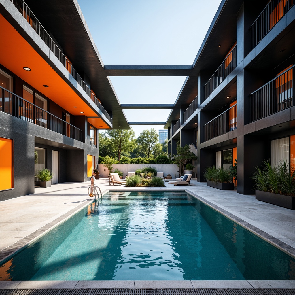 Prompt: Rectangular swimming pool, bold black lines, primary color accents, functionalist architecture, minimalist decorations, geometric patterns, chevron tiles, concrete flooring, steel railings, modernist lighting fixtures, industrial-style ladders, stark shadows, high contrast, graphic compositions, dynamic diagonal lines, abstract shapes, brutalist textures, urban landscape, sunny day, harsh highlights, shallow depth of field, 2/3 composition, symmetrical framing.