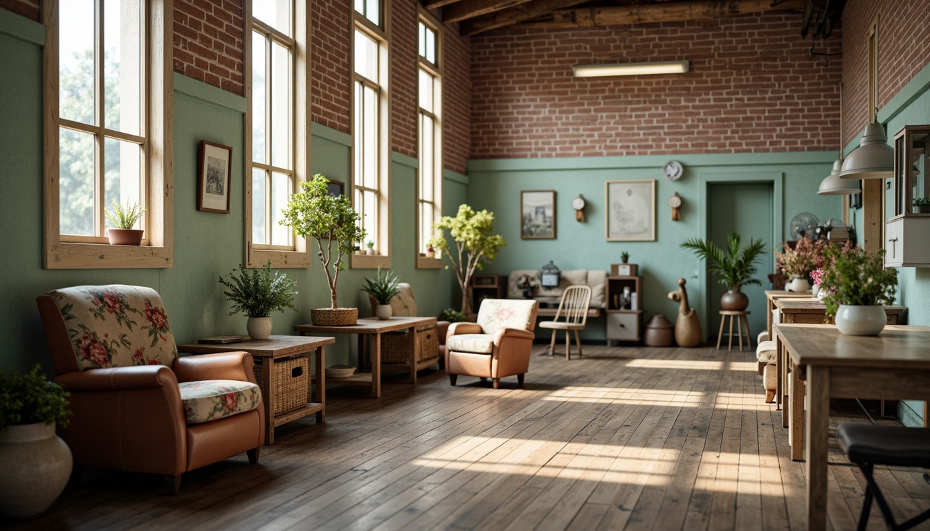 Prompt: Vintage hospital interior, distressed wood furniture, worn leather armchairs, rusty metal frames, soft pastel colors, floral patterns, natural linen fabrics, woven baskets, antique medical equipment, wooden floors, brick walls, large windows, warm soft lighting, shallow depth of field, 3/4 composition, realistic textures, ambient occlusion.