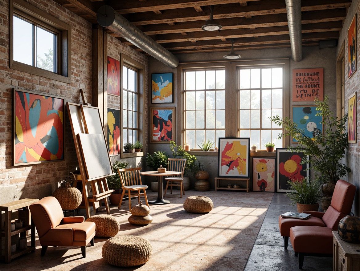 Prompt: Vibrant artistic studio, eclectic furniture, bold brushstrokes, abstract paintings, colorful canvases, inspirational quotes, wooden easels, artistic supplies, natural light pouring in, large windows, minimalist decor, industrial chic, exposed brick walls, modern architecture, warm ambient lighting, soft focus, shallow depth of field, 3/4 composition, panoramic view, realistic textures, ambient occlusion.