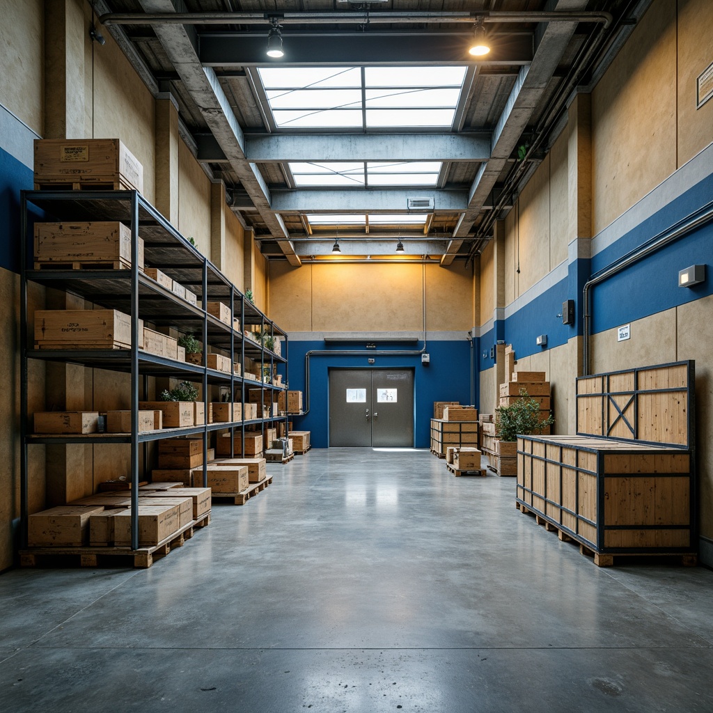 Prompt: Industrial storage room, metallic shelving units, gray concrete floors, neutral beige walls, accentuated with deep blue tones, warm yellow lighting, exposed ductwork, functional decor, clean lines, minimal ornamentation, spacious atmosphere, natural ventilation, overhead skylights, industrial-style metal doors, distressed wood crates, earthy brown accents, subtle texture variations, realistic reflections, shallow depth of field, 1/2 composition.