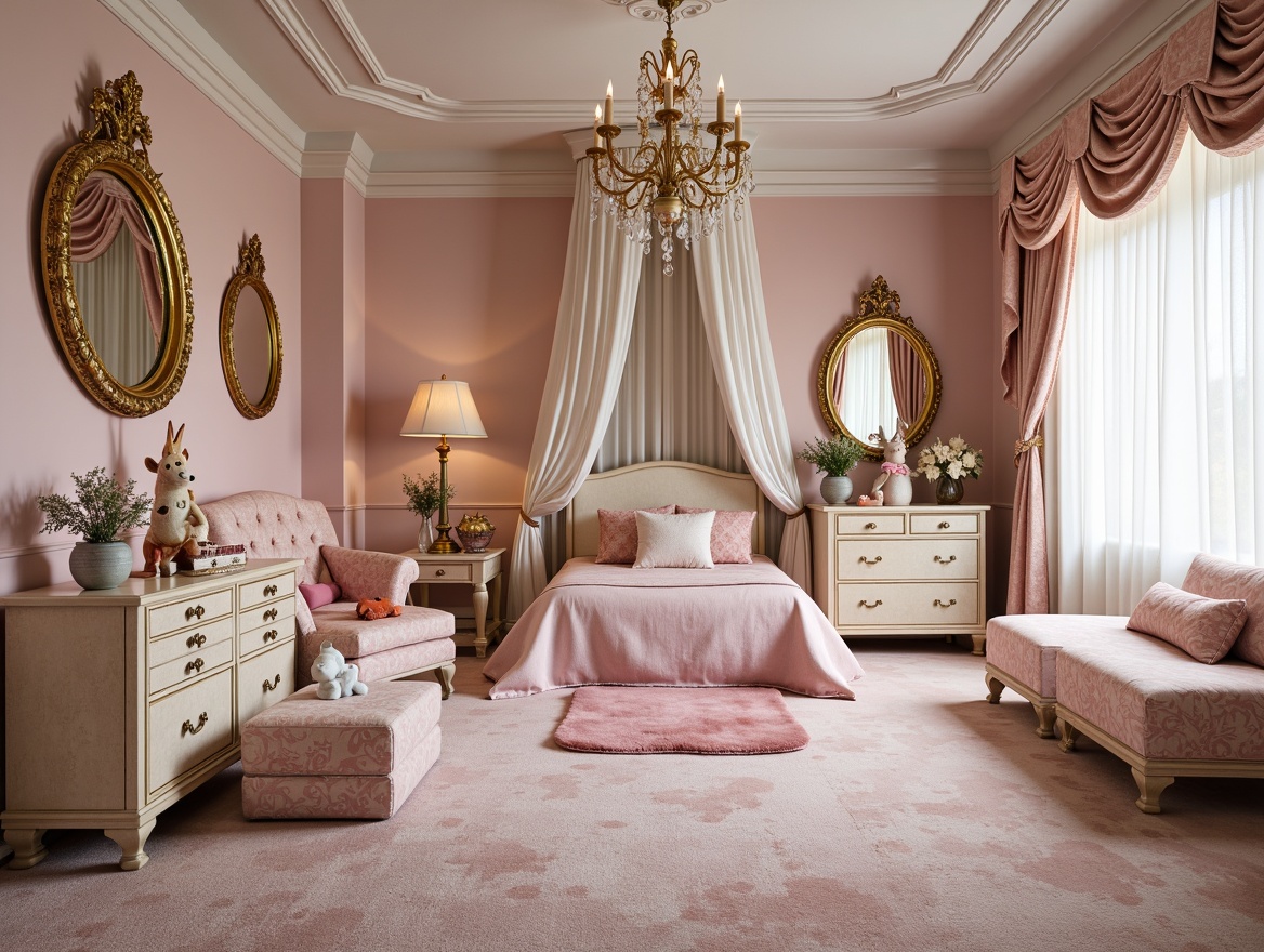 Prompt: Whimsical kids' room, soft pastel colors, ornate mirrors, golden accents, delicate furnishings, intricate carvings, plush carpets, velvet fabrics, crystal chandeliers, playful toy displays, romantic drapery, luxurious textiles, feminine touches, vintage accessories, distressed finishes, opulent bedding, curved lines, elaborate patterns, warm candlelight, intimate atmosphere, 1/1 composition, soft focus, dreamy textures.