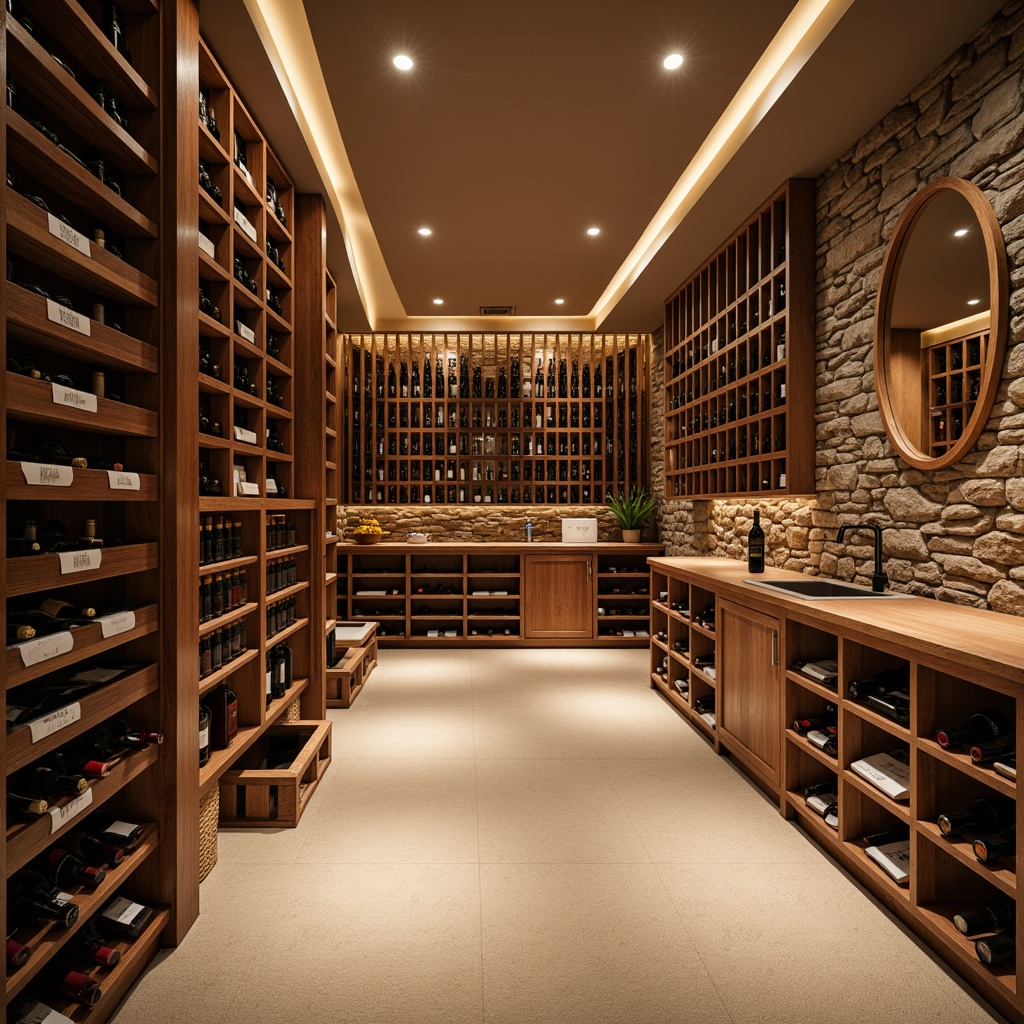 Prompt: Luxurious wine cellar, dimmable LED strips, warm ambient glow, rich wood accents, stone walls, rustic wooden crates, gleaming metal racks, glass-enclosed wine displays, soft spotlighting, dramatic floor-to-ceiling lighting, intimate cozy atmosphere, subtle color changing effects, sophisticated minimalist design, elegant curved lines, recessed ceiling lights, warm beige tones, plush carpeting, comfortable seating areas, refined industrial chic, exposed brick walls, reclaimed wood shelving.