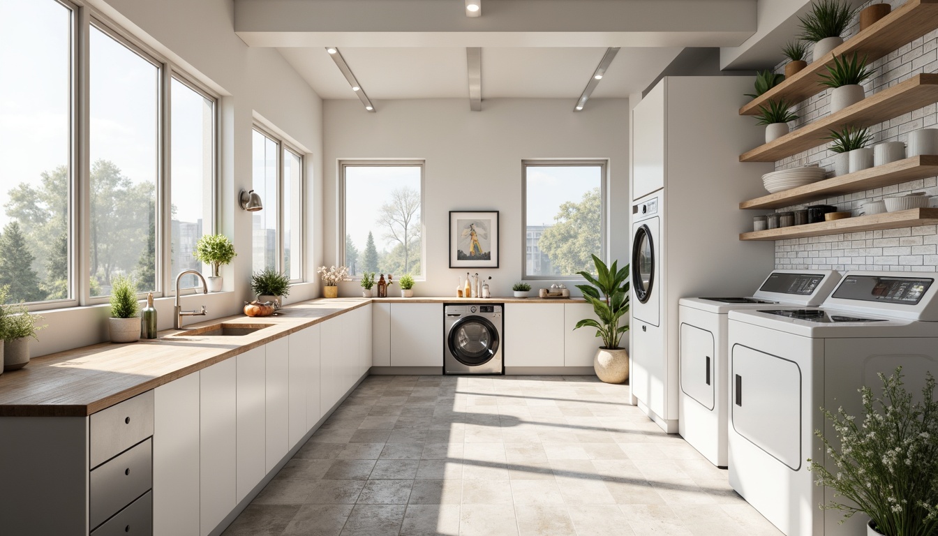 Prompt: Clean laundry room, minimalist decor, white cabinets, stainless steel appliances, sleek countertops, natural stone floors, industrial-chic lighting, sparse greenery, modern wall art, geometric patterns, monochromatic color scheme, plenty of negative space, soft warm lighting, shallow depth of field, 1/1 composition, realistic textures, ambient occlusion.