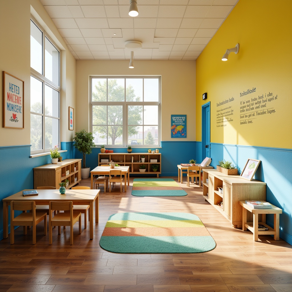 Prompt: Vibrant elementary school interior, playful color scheme, bright primary colors, soft pastel hues, energetic yellow walls, calming blue accents, warm beige furniture, colorful rugs, inspirational quotes, educational posters, natural wood textures, minimalist decor, abundant daylight, softbox lighting, 1/1 composition, harmonious contrast, realistic materials, ambient occlusion.