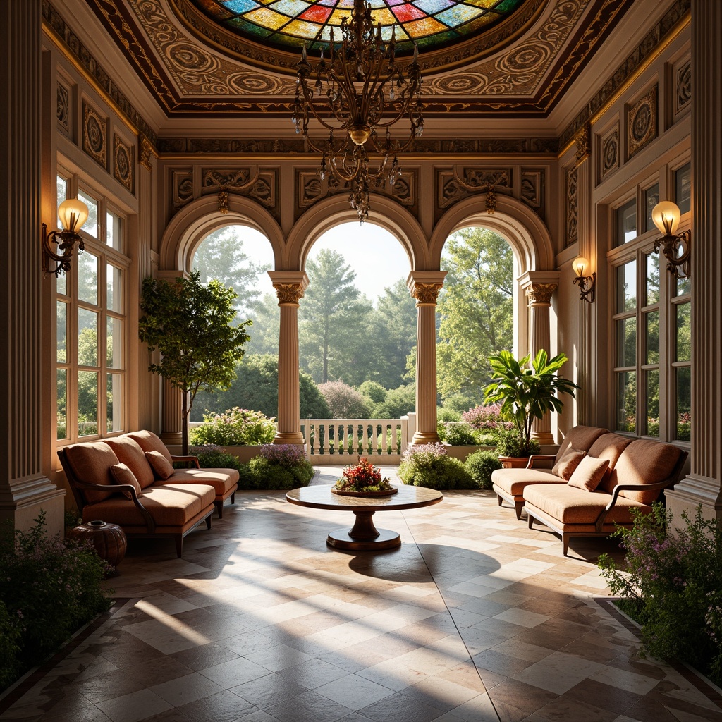 Prompt: Renaissance-style sunroom, ornate molding, intricate carvings, golden accents, soft warm lighting, plush furnishings, lavish fabrics, velvety drapes, grand chandeliers, classical columns, arched windows, stained glass ceilings, marble floors, decorative tiles, elegant archways, serene outdoor views, lush greenery, blooming flowers, sunny day, shallow depth of field, 3/4 composition, realistic textures, ambient occlusion.